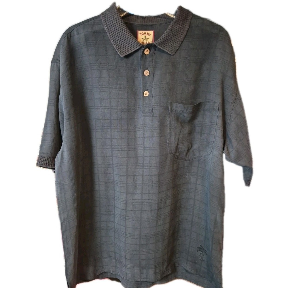 Vintage Tommy Bahama Men's M Black 100% Silk Polo Shirt Jacquard Palm Tree Camp‎
